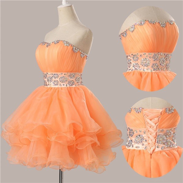 Shoulder Beads Short Prom Dress Orange 
