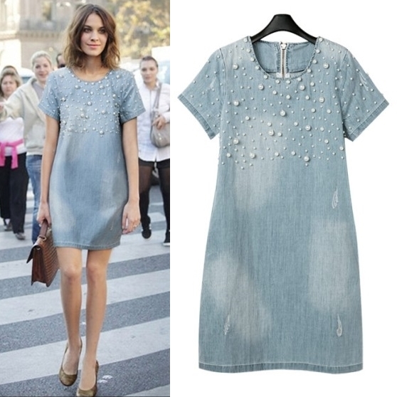 Denim Dress for Teen Girls Denim Dresses for Women, Washed denim fashion nail bead loose