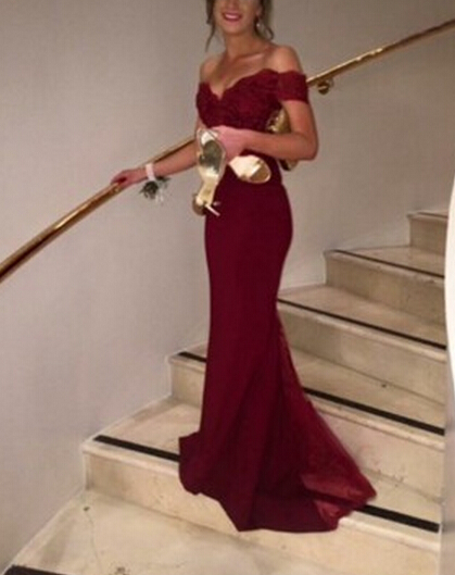 Pretty Off Shoulder Burgundy Prom Dresses With Lace, Evening Gowns ...