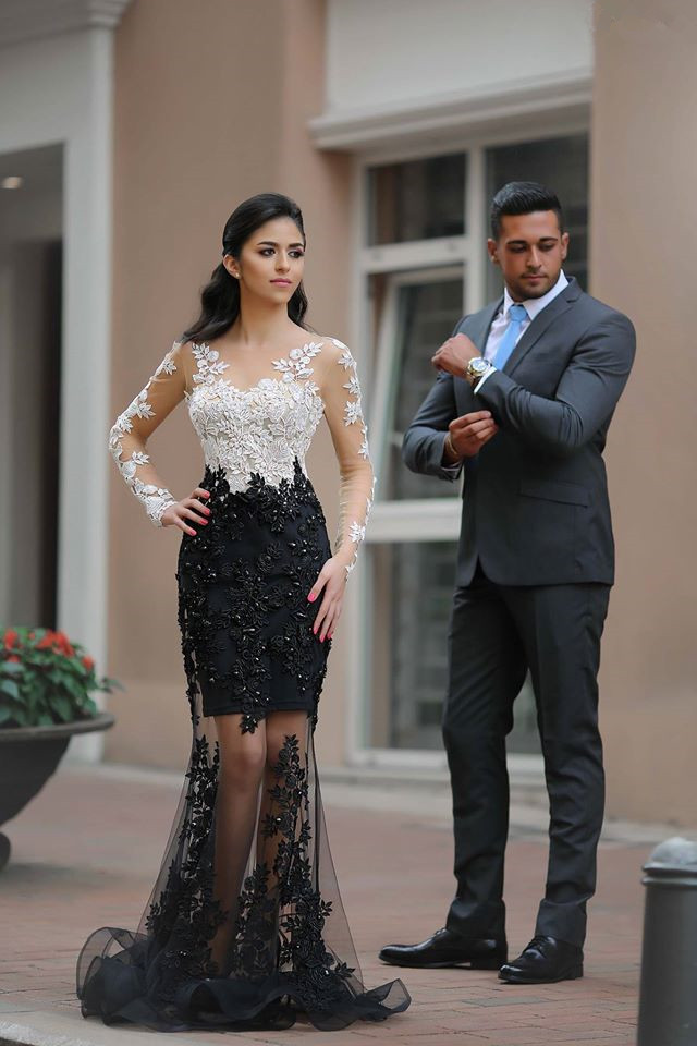 Prom Dress, Long Sleeve Black White Prom Dress,Lace Applique Prom Dresses,High Quality Graduation Dresses,Wedding Guest Prom Gowns, Formal Occasion