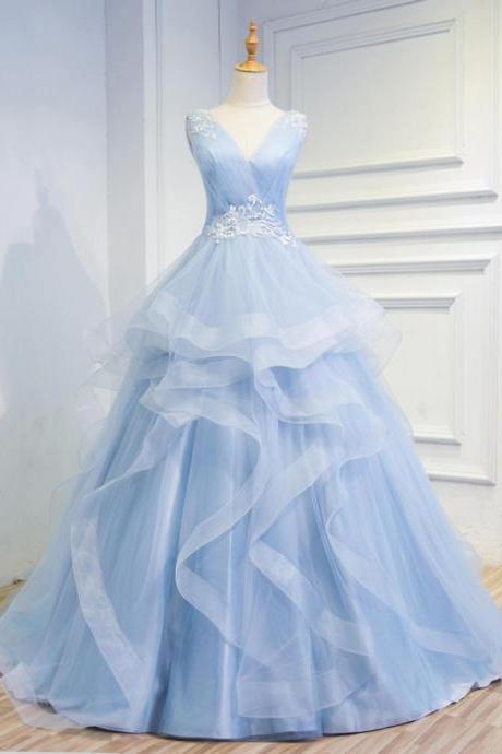 Cheap wedding dress,Fairy Tale Sky Blue Tulle V Neck Wedding Dresses,Appliques Sleeveless Lace up Back Tiered Bridal Gowns